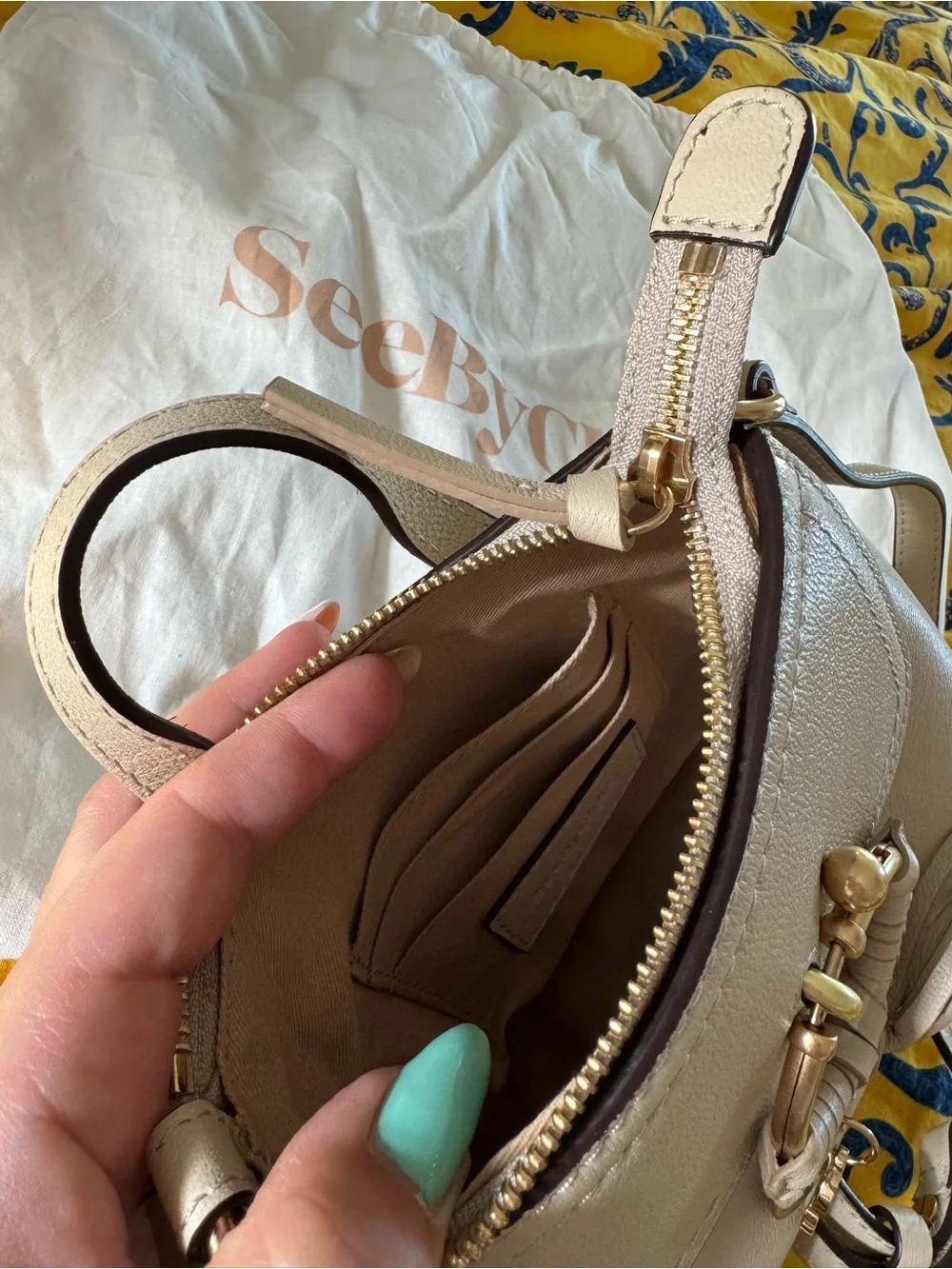 Chloe designer Cream Leather Crossbody Bag with Gold Ring Detail